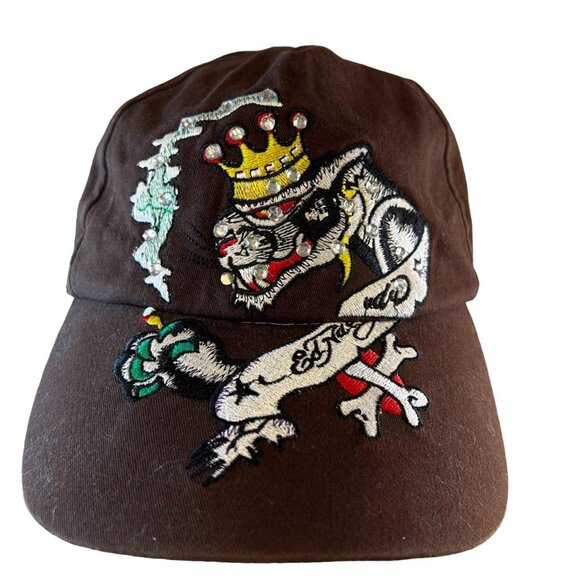 Ed Hardy  Embroidered Beaded Snapback Hat Cotton Brown One Size - Picture 1 of 8